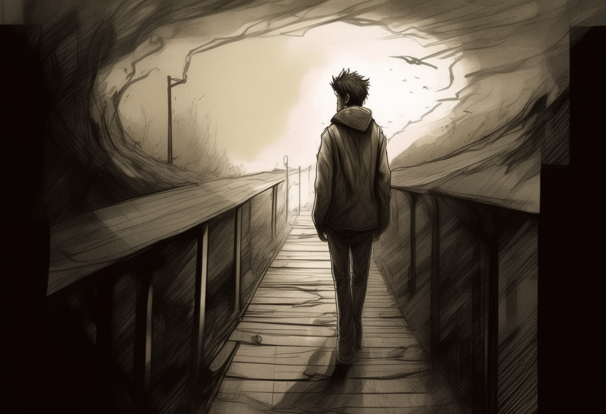 a young man flees into nowhere, sad ambiance, concept by Godfrey Blow, featured on deviantart, drawing, sots art, lyco art, artwork, photoillustration, poster art