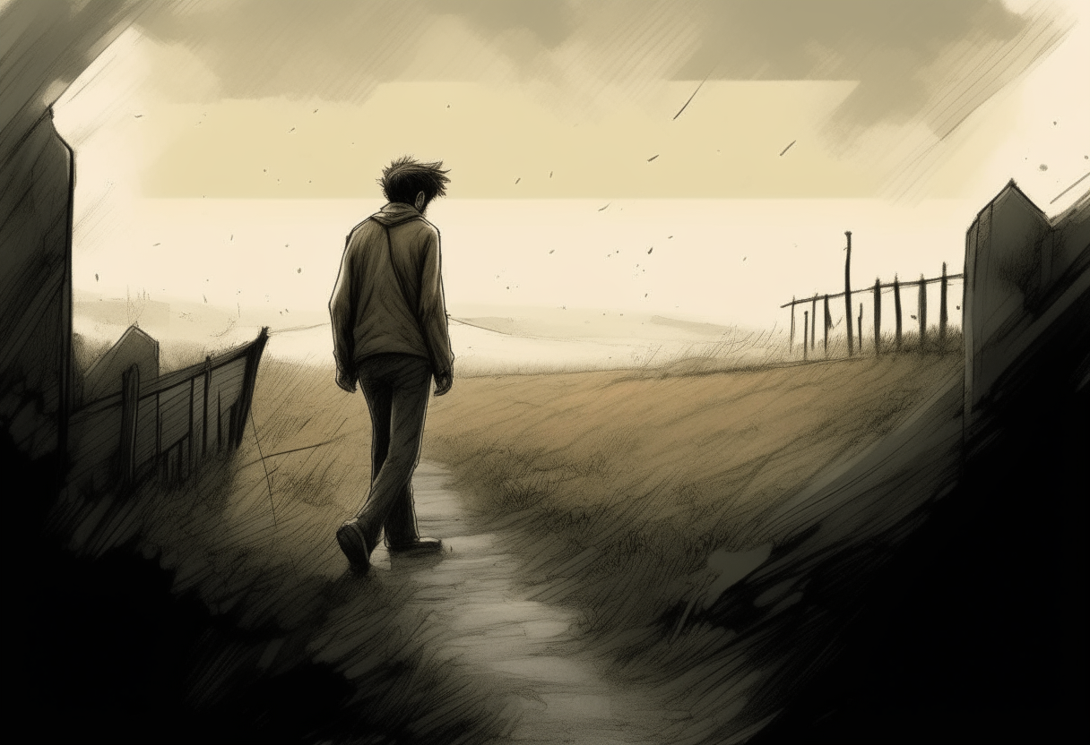 a young man run into nowhere, sad ambiance, concept by Godfrey Blow, featured on deviantart, drawing, sots art, lyco art, artwork, photoillustration, poster art