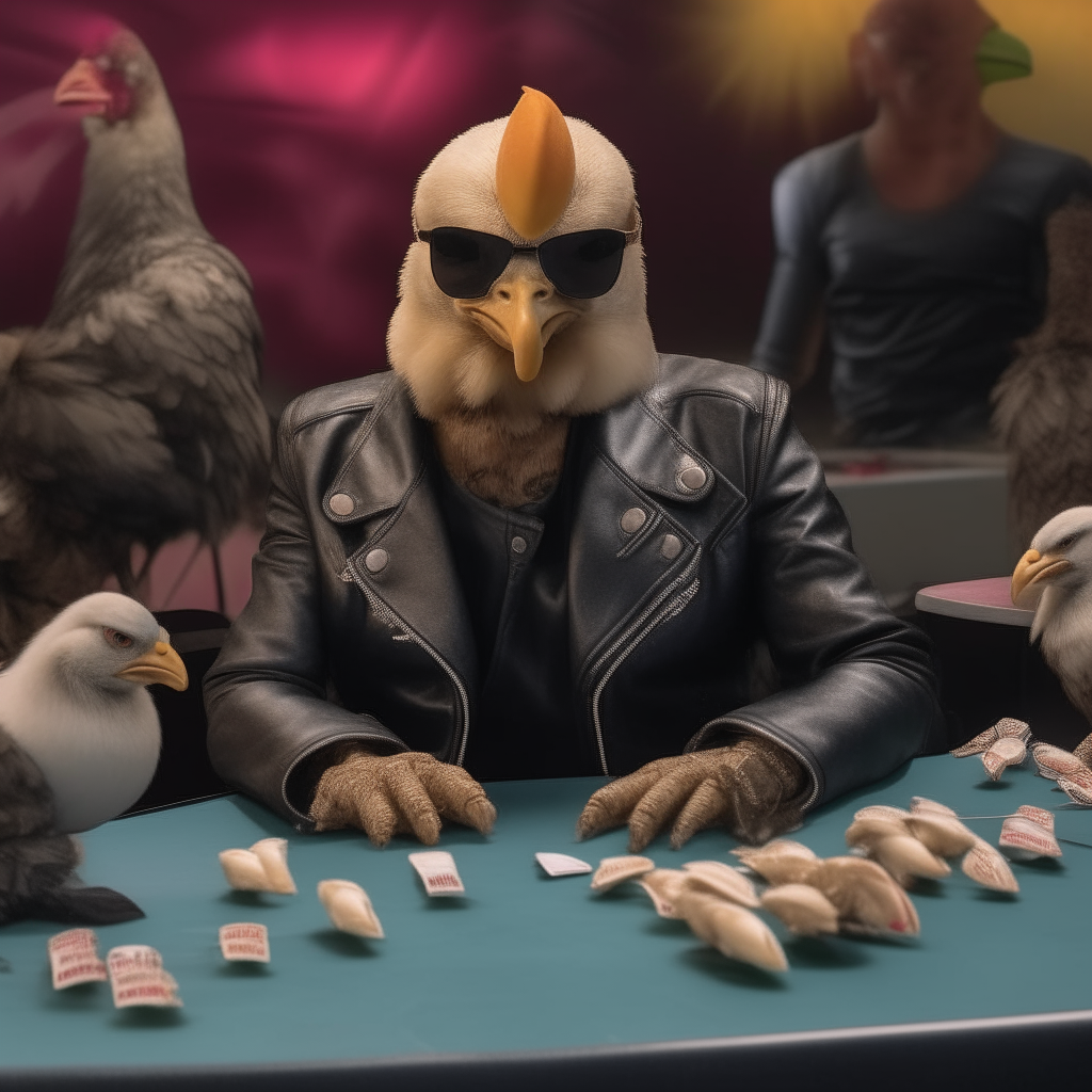 A chicken in a black leather jacket and sunglasses, sitting at a poker table surrounded by other chickens and pigeons