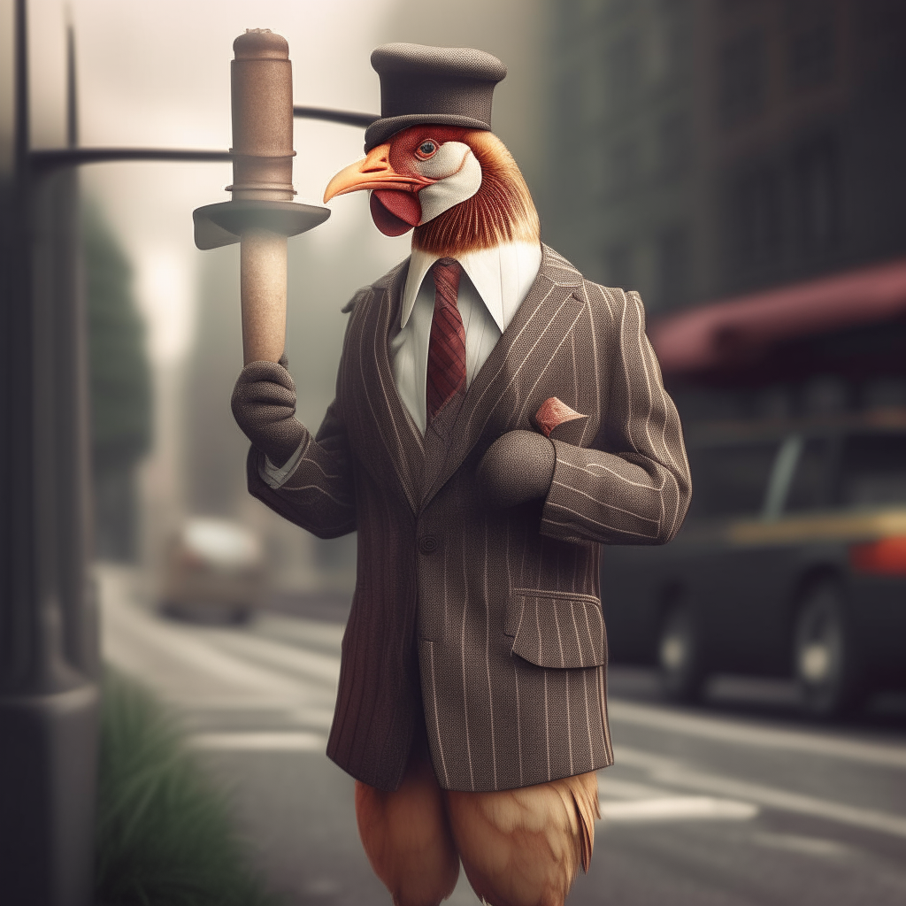 A chicken wearing a pinstriped suit and fedora, holding a cigar in one wing while leaning against a lamp post