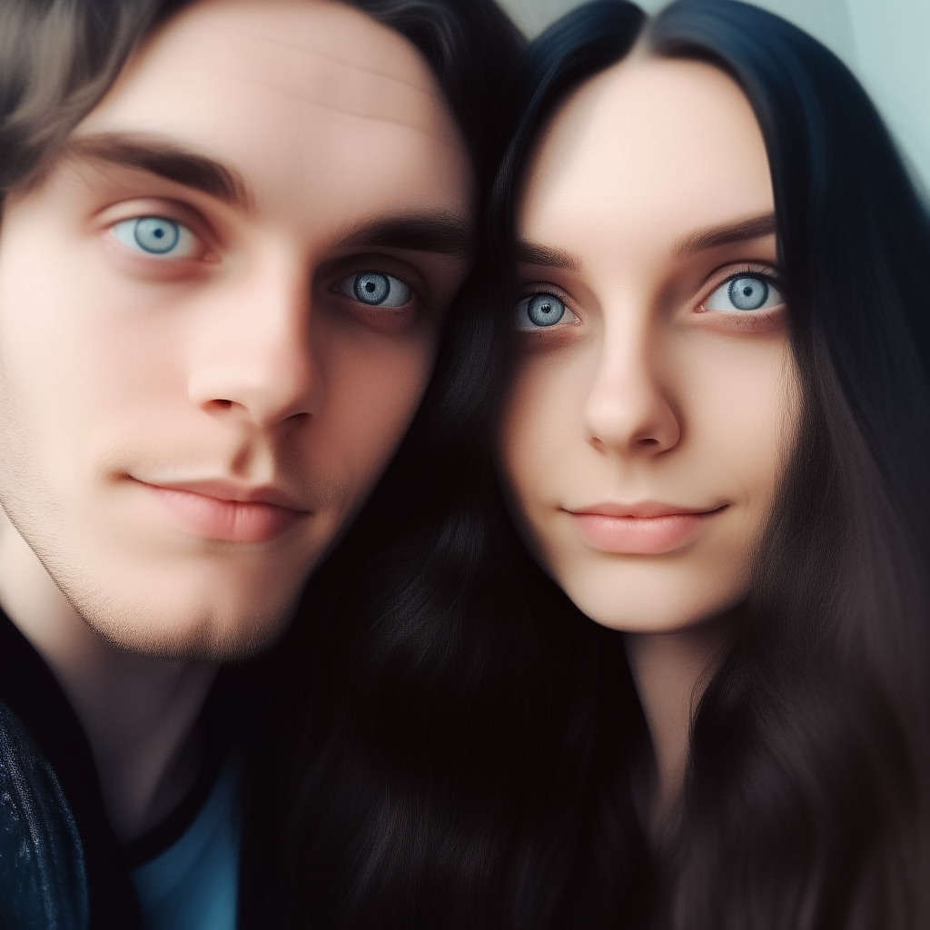 Selfie portrait of Niko looking at Mira with long wavy black hair and gray eyes as described, while Mira looks at the camera with long brown hair and big blue eyes, her Slavic features visible