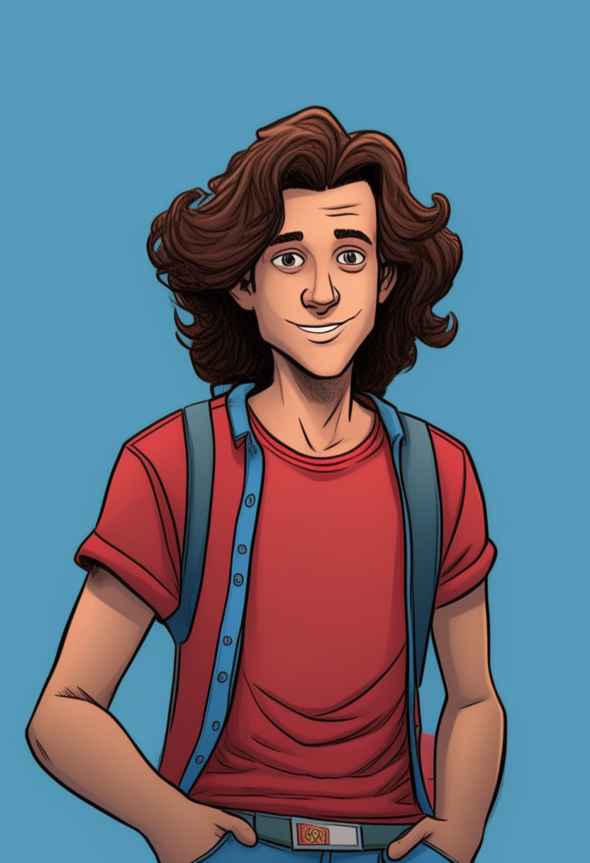 full length portrait of Jet, a 20 year old Spaniard model with brown wavy hair sticking out in different directions, brown eyes and a sly smile. He is wearing a red t-shirt and blue jeans. Draw him in a comic book style with exaggerated features.