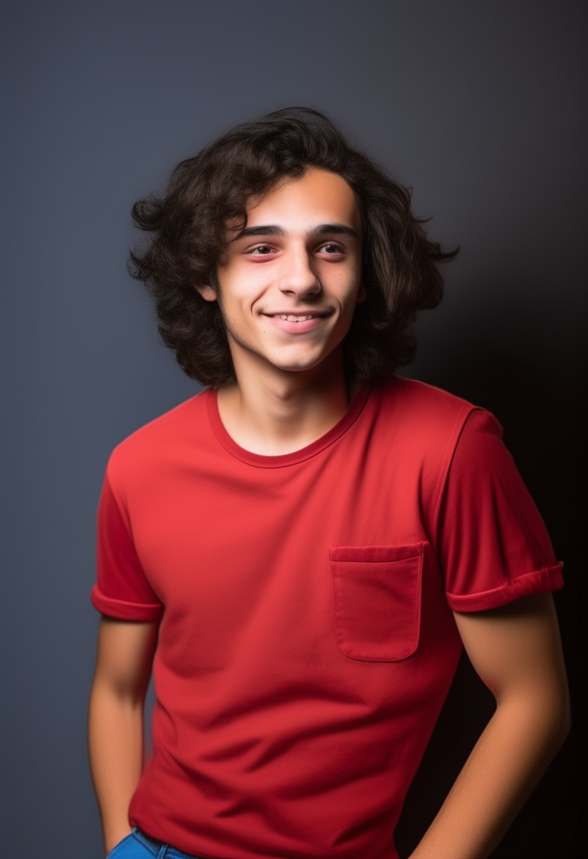 full length portrait of Jet, a 20 year old Spaniard male model with brown wavy hair sticking out in different directions, brown eyes and a sly smile. He is wearing a red t-shirt and blue jeans. Draw him in an exaggerated comic book style with emphasis on his features.