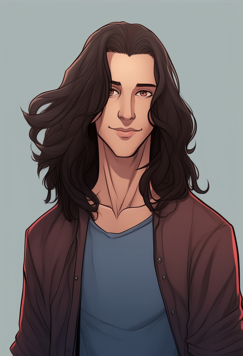 full length portrait of Jet, a 20 year old Spaniard male model with brown wavy hair sticking out in different directions, brown eyes and a sly smile. He is wearing a red t-shirt and blue jeans. Draw him in a comic book style similar to the uploaded image of the man with long hair.