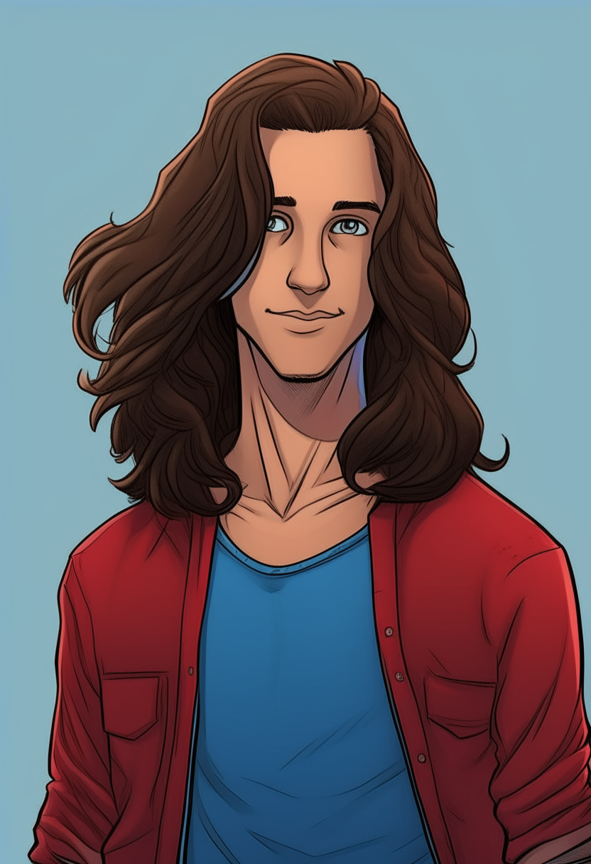 full length portrait of Jet, a 20 year old Spaniard male model with darker, shorter brown wavy hair sticking out in different directions and an evil, cunning smile. He is wearing a red t-shirt and blue jeans. Draw him in a comic book style similar to the uploaded image of the man with long hair.