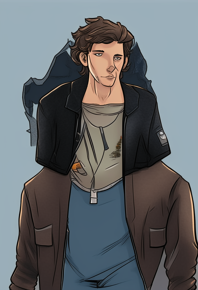 full length portrait of Jet, a 20 year old Spaniard male model with shorter, disheveled brown hair and wearing a black leather jacket, band t-shirt and ripped jeans. Draw him in a comic book style similar to the uploaded image.