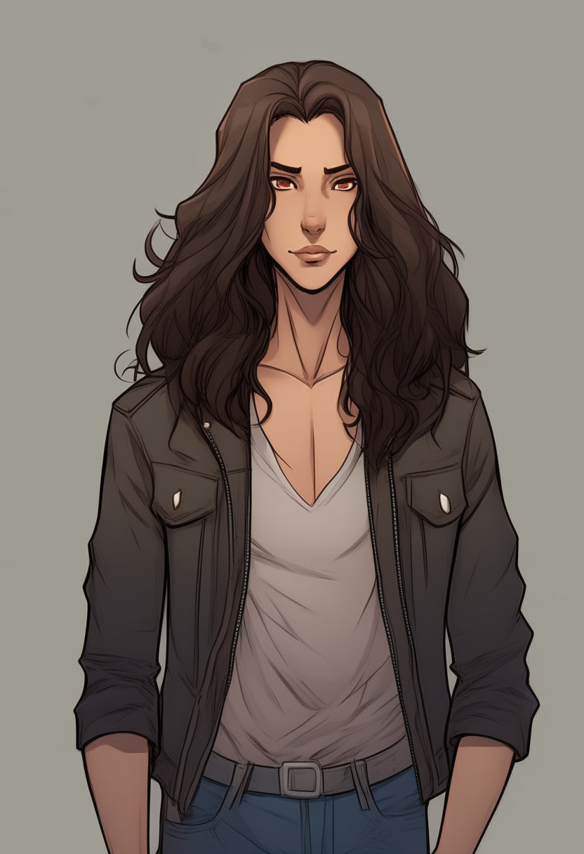 full length portrait of Jet, a 20 year old Spanish female model with light brown short wavy hair sticking out in different directions, evil brown eyes and a sly smile. She is dressed like a typical rocker, wearing ripped jeans, a band t-shirt and leather jacket. Draw her in the comic book style of the uploaded image of the man with long hair.