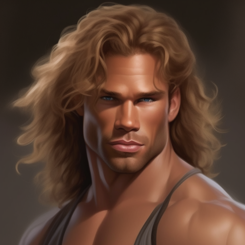 portrait of Jet, resembling Fran Berenger or Many Rios, with light brown wavy hair and a muscular build