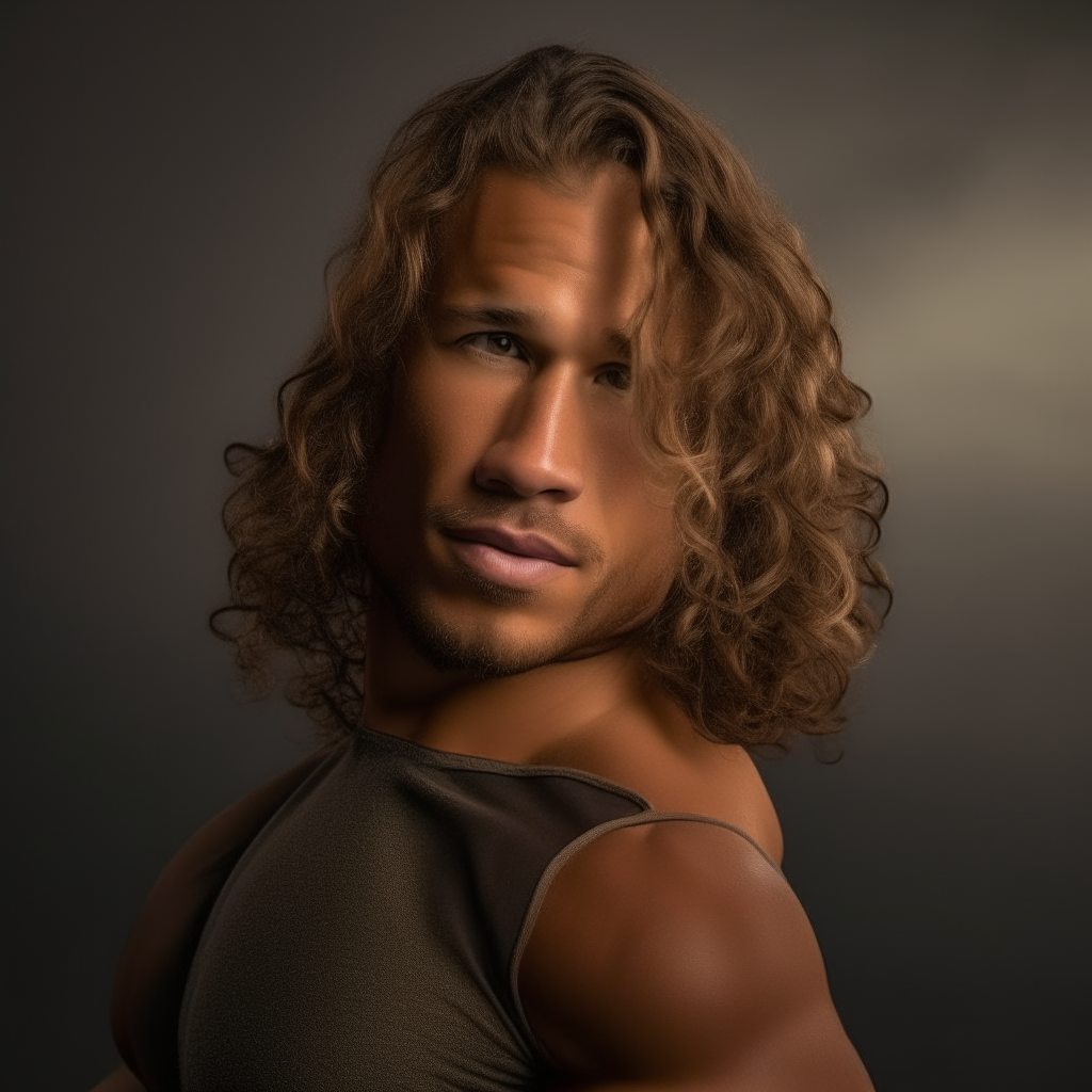 portrait of Jet resembling Manu Rios, with light brown wavy hair and a muscular build