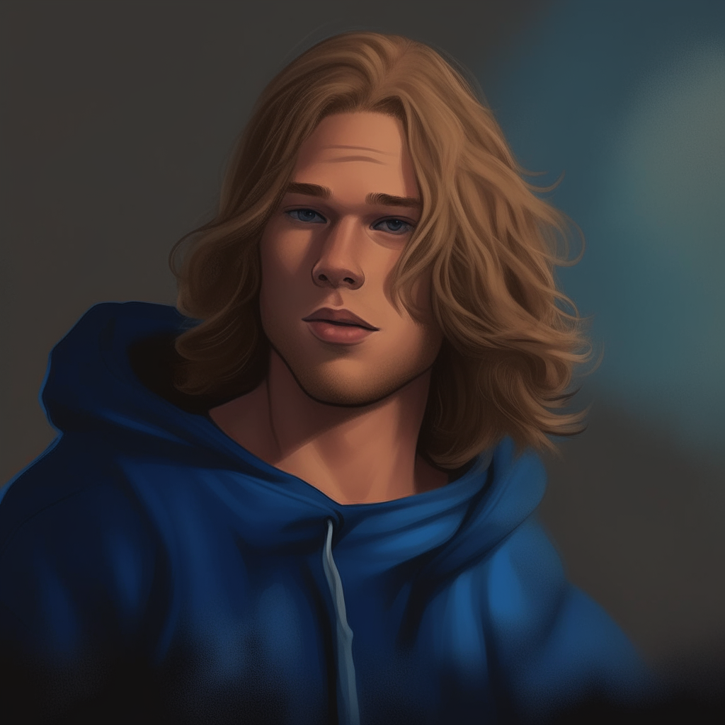 portrait of Jet resembling either the man in the black hoodie or the person in the blue shirt, with light brown wavy hair and a muscular build