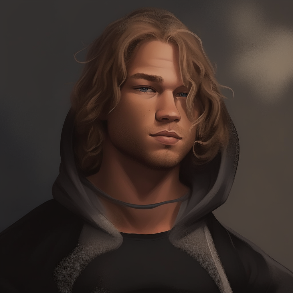 portrait of Jet resembling the man in the black hoodie, with light brown wavy hair and a muscular build