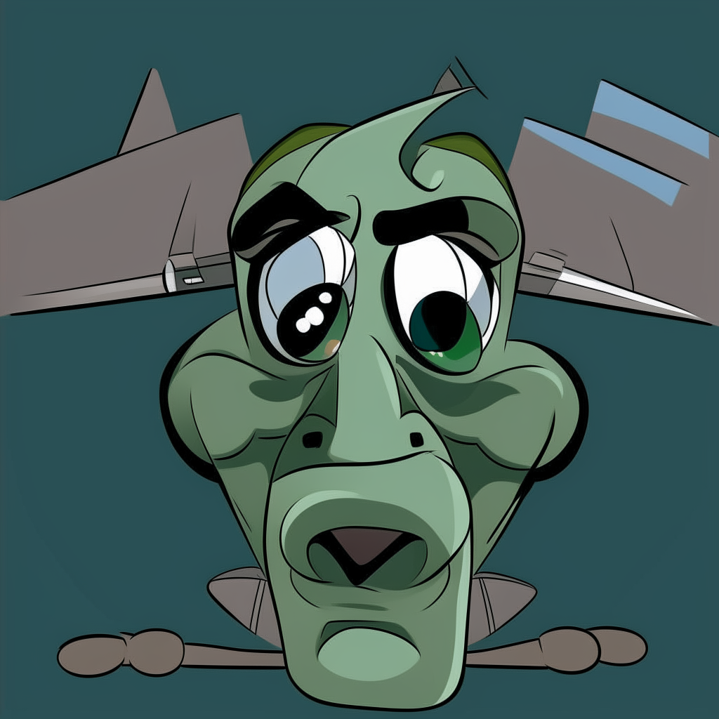 cartoon-style portrait of Jet resembling image 9, with exaggerated features