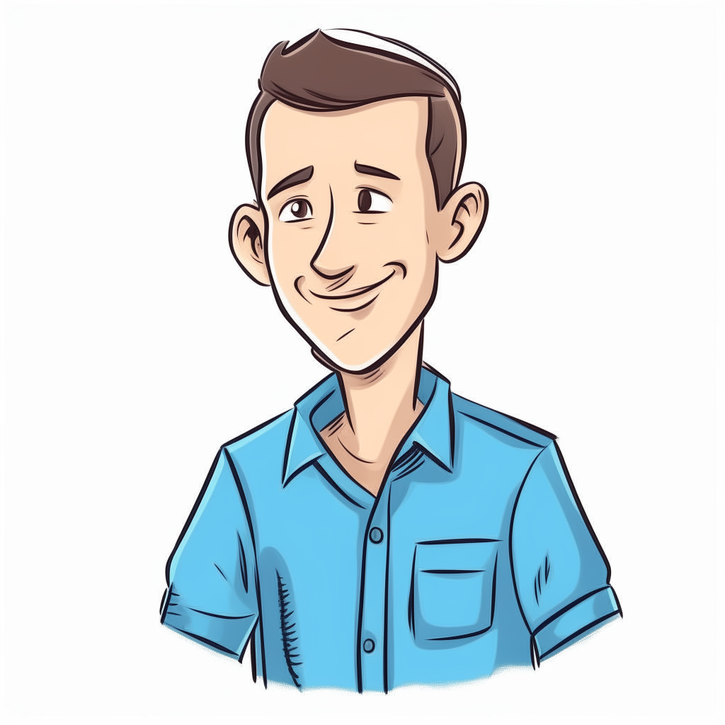 cartoon portrait resembling the person in the blue shirt