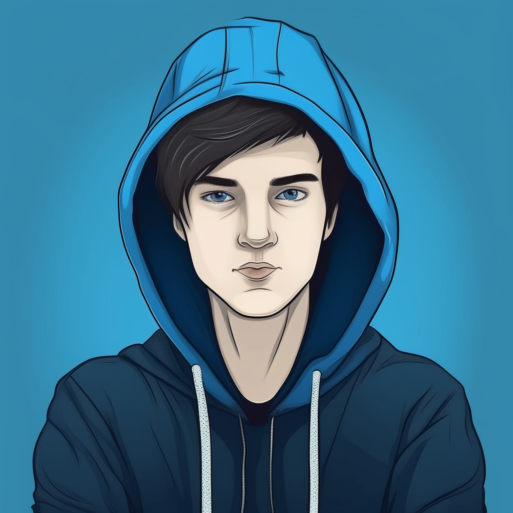 cartoon portrait combining elements of the black hoodie and blue shirt