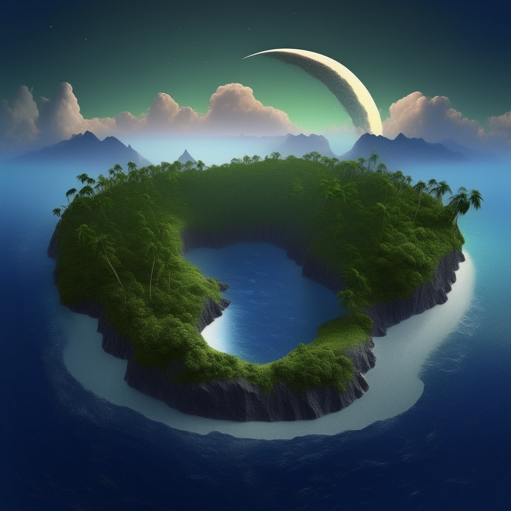 Create a view of the mainland in the shape of a crescent moon formed by 5 large islands and a dozen small ones, mountainous terrain, tropical thickets, waterfalls