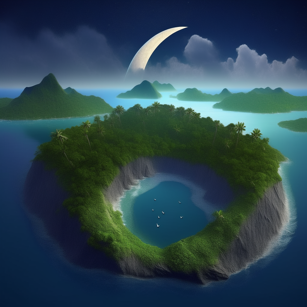 Create a view of the mainland in the shape of a crescent moon formed by 5 large islands and a dozen small ones, mountainous terrain, tropical thickets, waterfalls