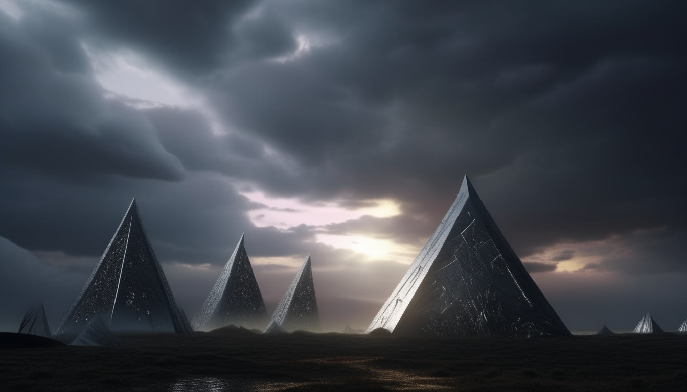 an alien landscape with giant silver chrome pyramids stretching into the distance, with stormy yet sunsetting sky, intricate details, 4K quality, dark sci-fi fantasy style