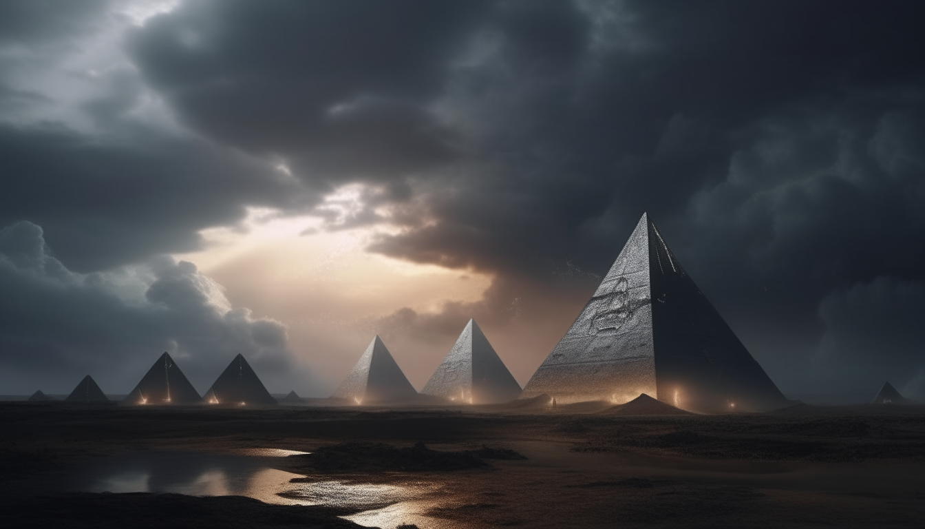 silver chrome pyramids on an alien landscape stretching into the distance with a cloudy sunset sky, alien lights from a spacecraft shining through the clouds, and lightning striking the pyramids, 16:9 aspect ratio, intricate details, 4K quality, dark sci-fi fantasy style