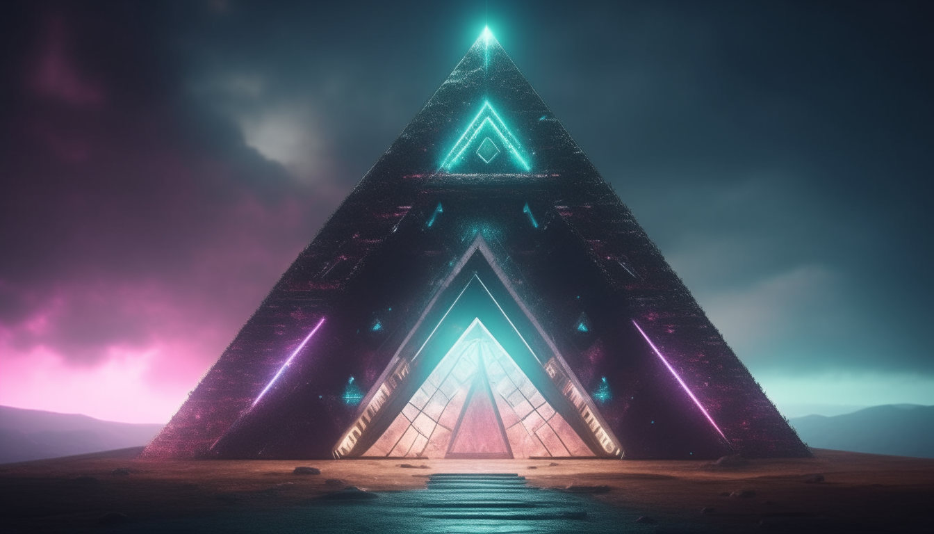 a giant silver chrome pyramid in an alien landscape with a huge doorway opening and colorful glowing orbs of light coming out and hovering above, 16:9 aspect ratio, intricate details, 4K quality, dark sci-fi fantasy style