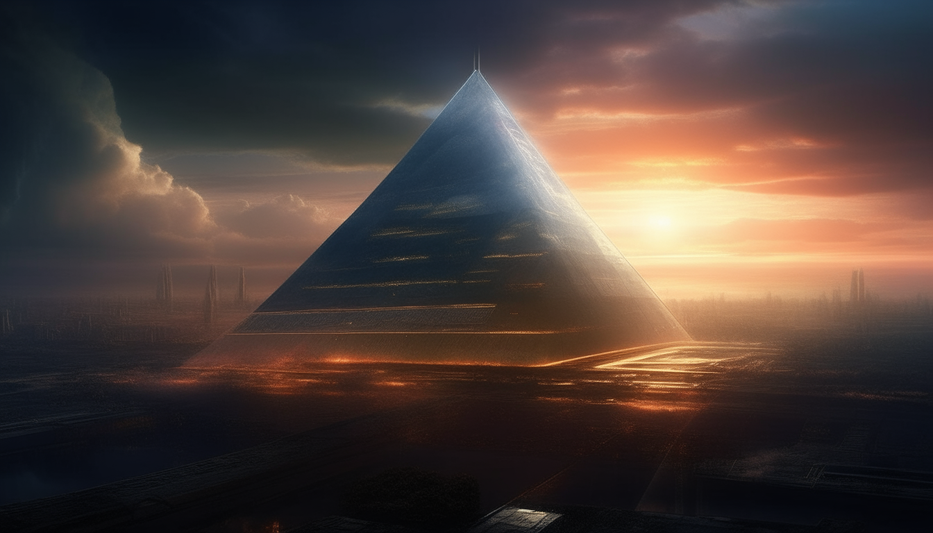 a futuristic city inside a gigantic clear glass pyramid on an alien landscape, with a sunsetting sky and alien lights shining through the clouds above, the glow from the city inside the pyramid lights the alien landscape stretching into the distance, 16:9 aspect ratio, intricate details, 4K quality, dark sci-fi fantasy style