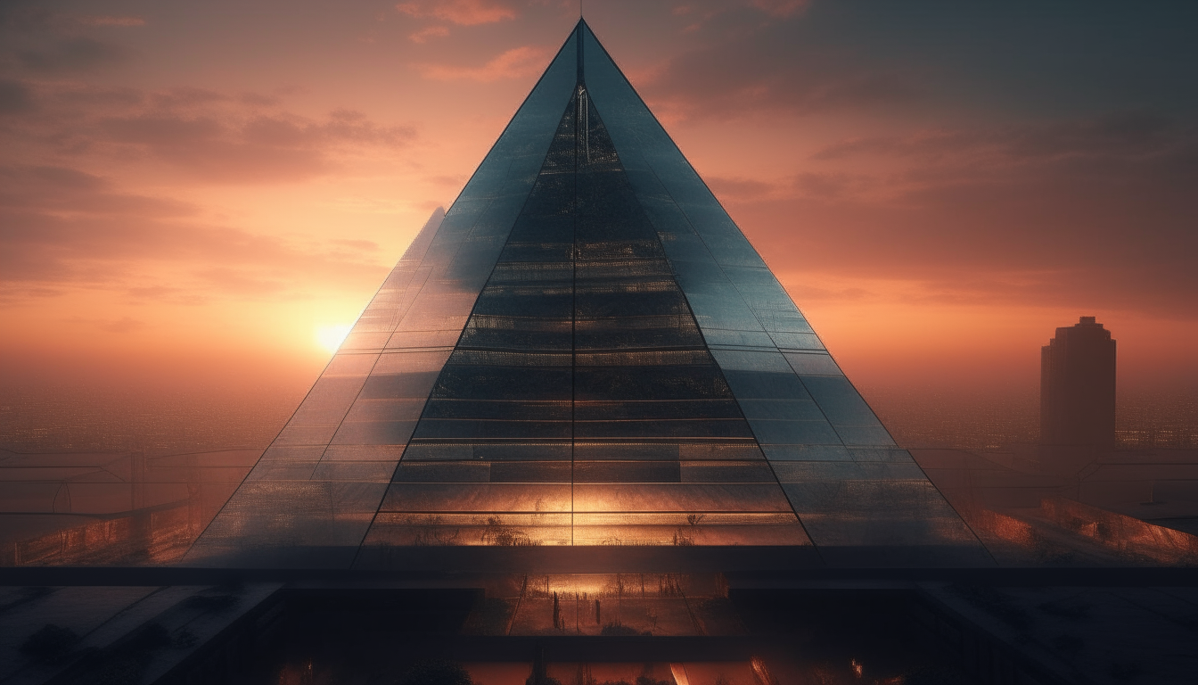 looking inside the futuristic architecture of a city within a giant clear pyramid, with the sunsetting sky shining through the glass of the surrounding pyramid, 16:9 aspect ratio, intricate details, 4K quality, dark sci-fi fantasy style