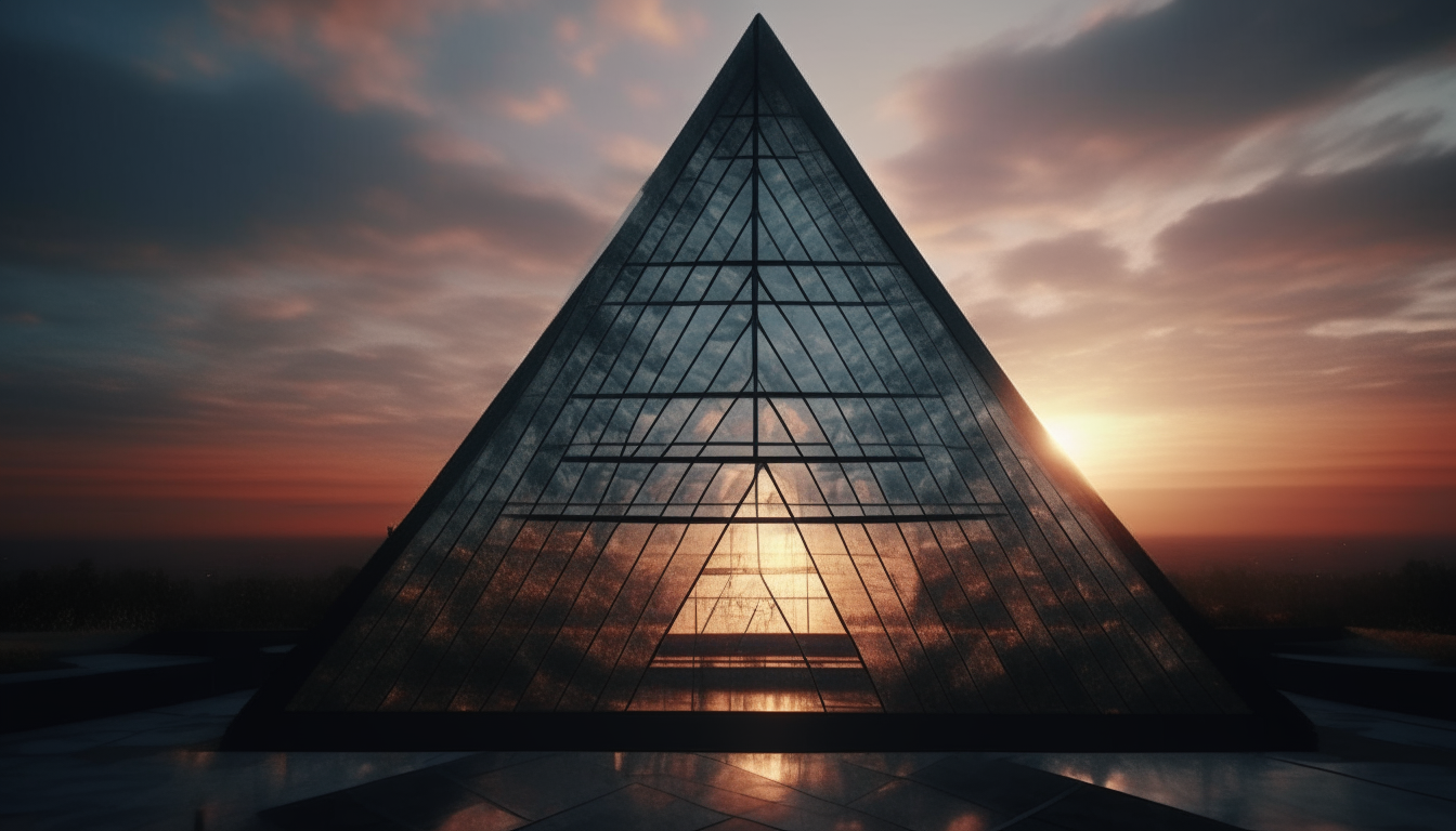 looking at the futuristic architecture inside a giant clear pyramid, with the sunsetting sky shining through the glass walls, 16:9 aspect ratio, intricate details, 4K quality, dark sci-fi fantasy style