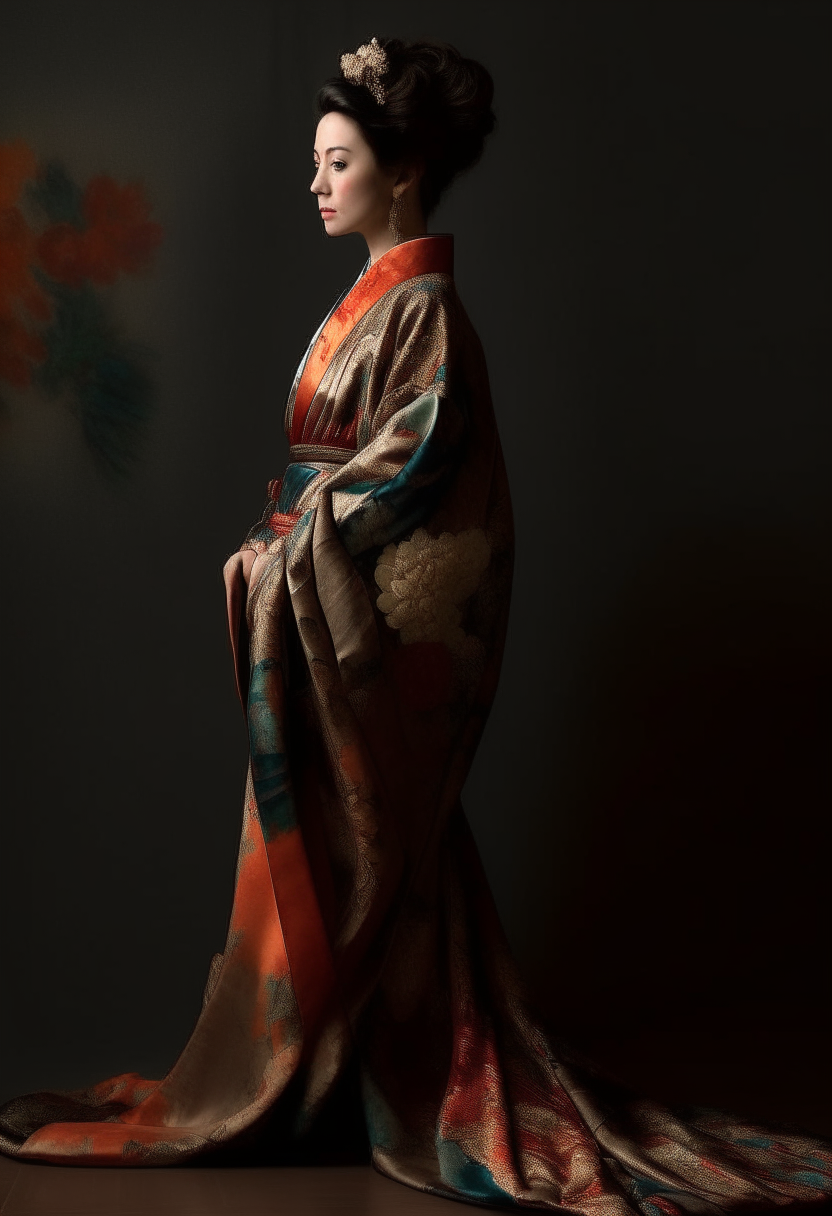 A statuesque woman stands confidently, wearing an ornate floor-length kimono-style gown in rich tones. Her intricate updo is framed by delicate features and dark locks, complemented by subtle yet striking makeup.