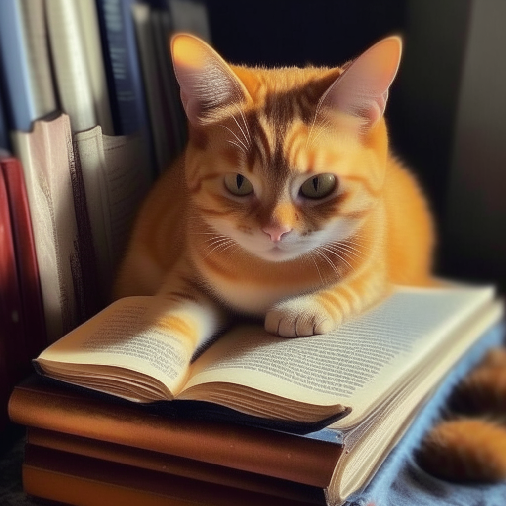 un gatito anaranjado acurrucado con un libro de cuentos de hadas