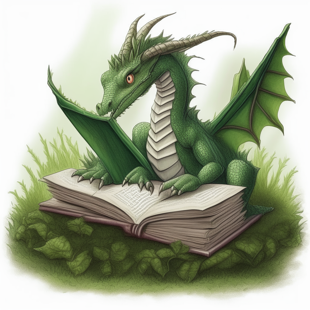 un dragón verde de escamas leyendo un gran libro sobre un tesoro escondido