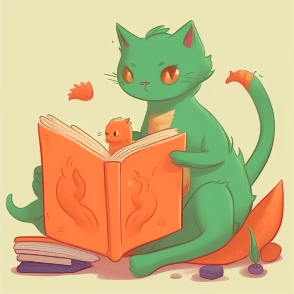 un gatito anaranjado y un dragón verde de escamas acurrucados juntos leyendo un libro sobre caballeros y princesas