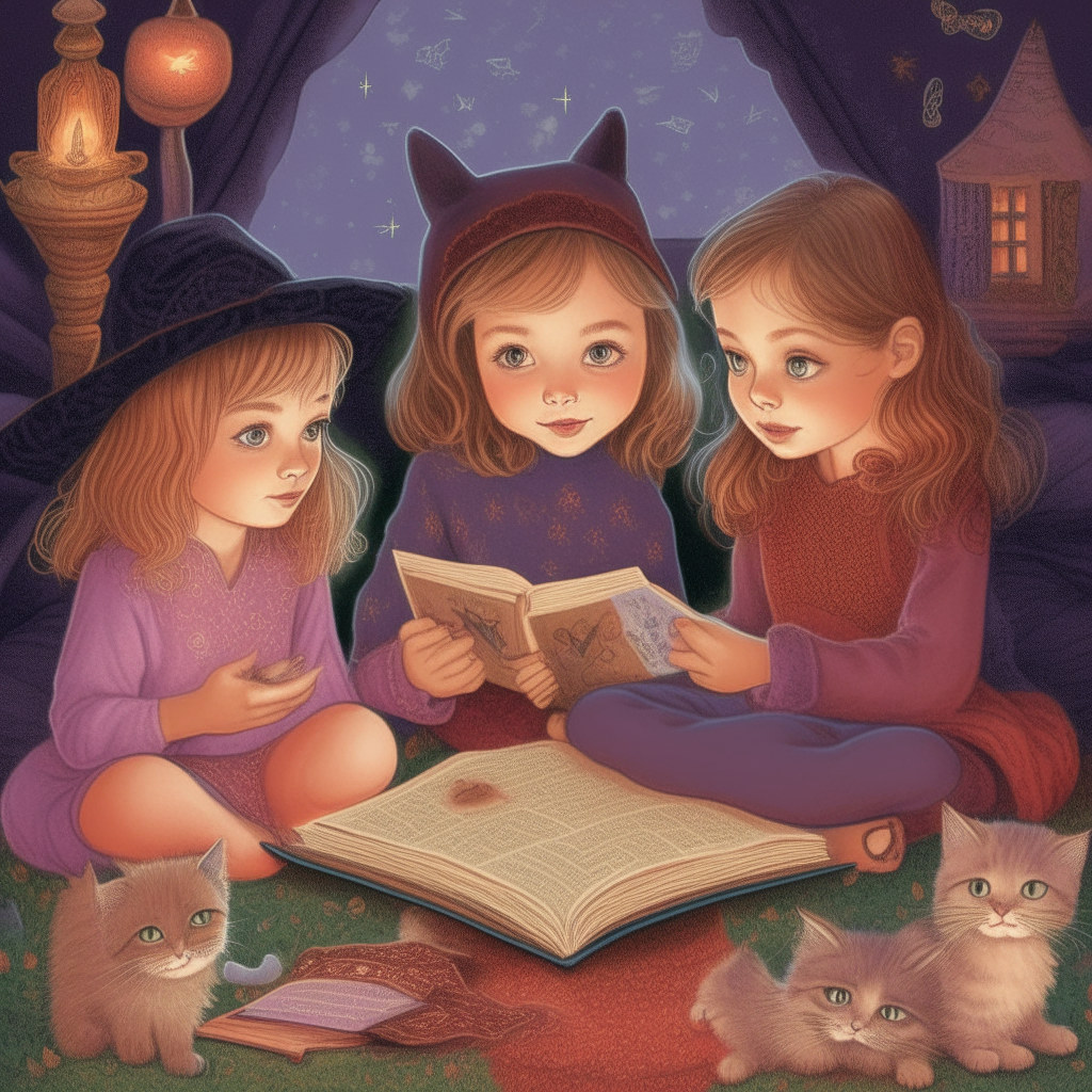 Two kittens and two young witch children sitting together on a rug, engrossed in a storybook filled with magical illustrations