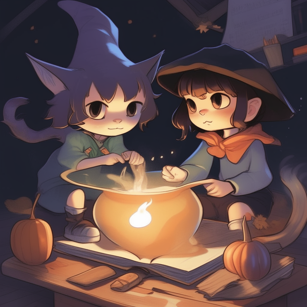 A calico kitten and a witch child reading side by side near a bubbling cauldron, lost in a comic book about potion experiments