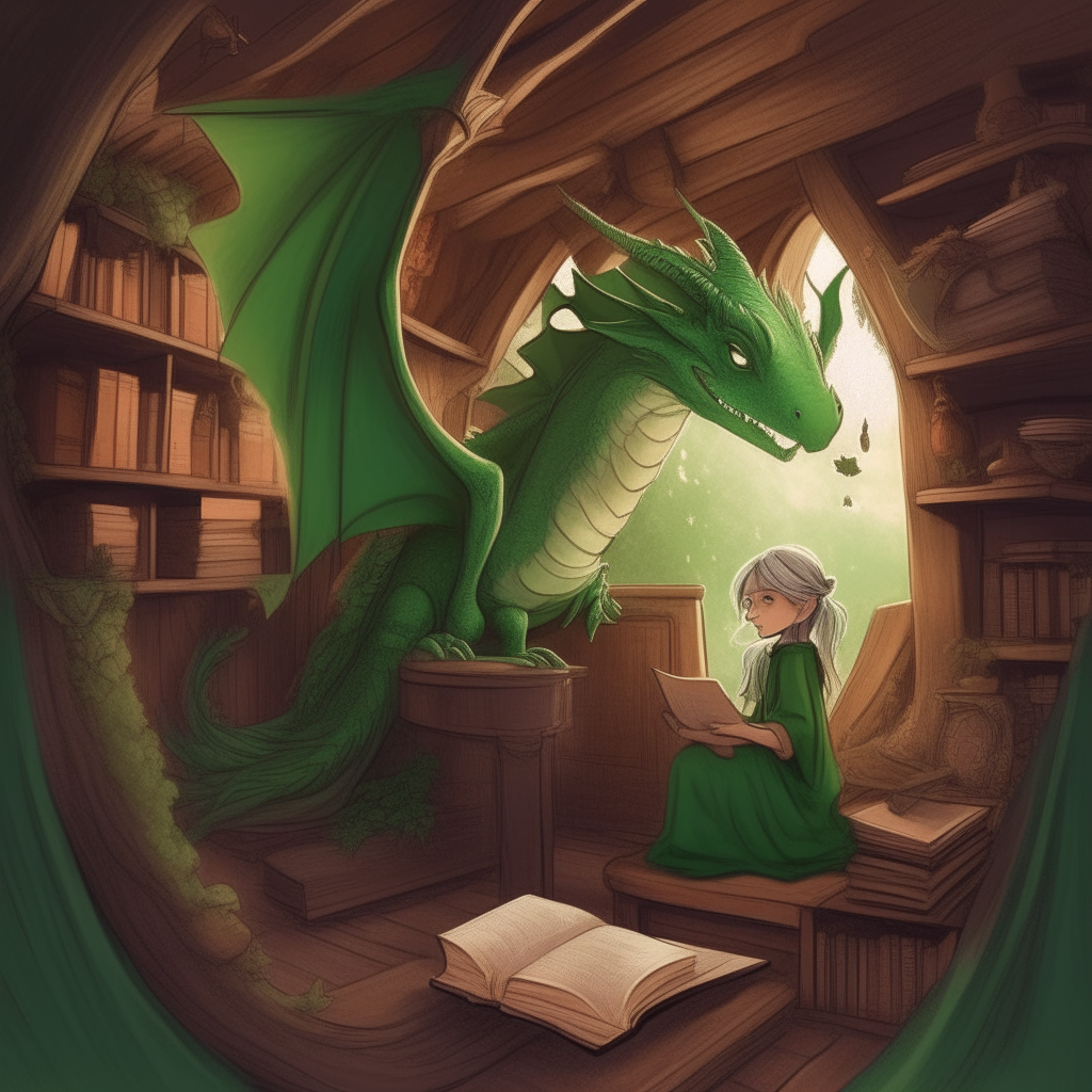 A green dragon peers over the shoulder of a witch child in a cozy treehouse library, both following along in an enormous tome of nature lore spread open before them