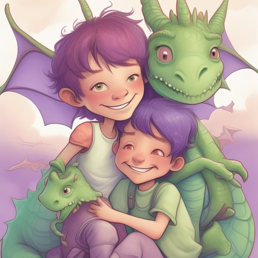 A smiling young boy and girl with rosy cheeks are cradled in the arms of tiny purple and green dragons, who lift them joyfully into the sky
