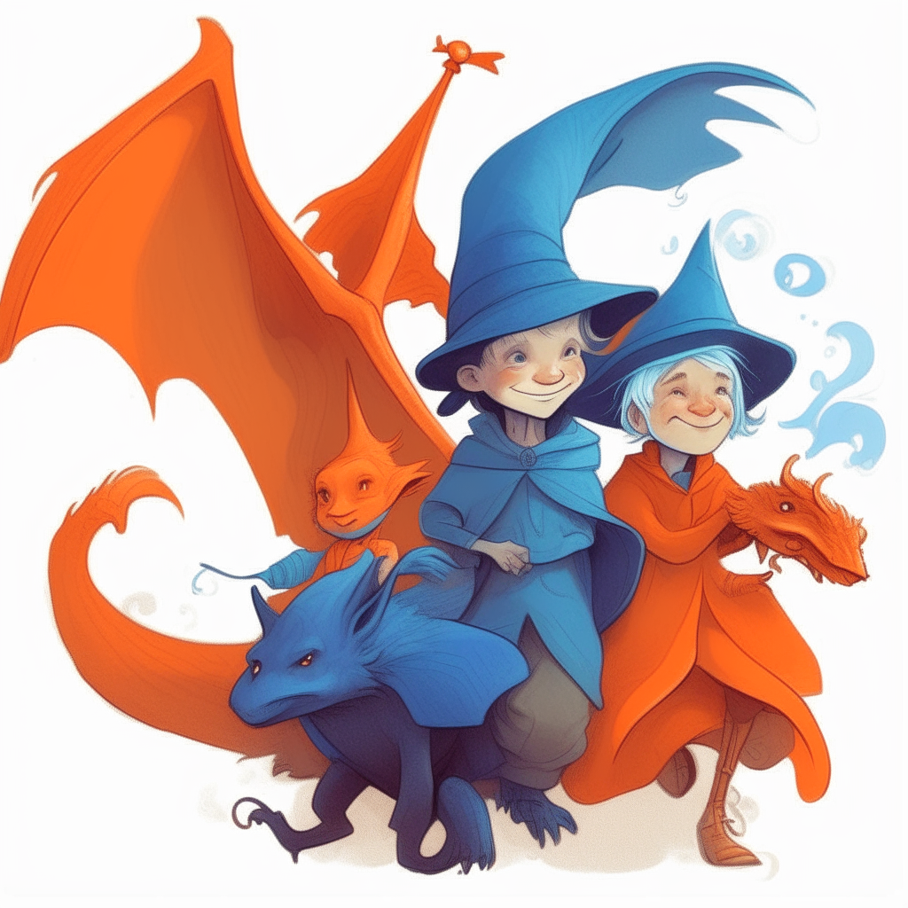 A giggling witch child and wizard peer over the shoulders of miniature orange and blue dragons carrying them aloft on fluttering wings