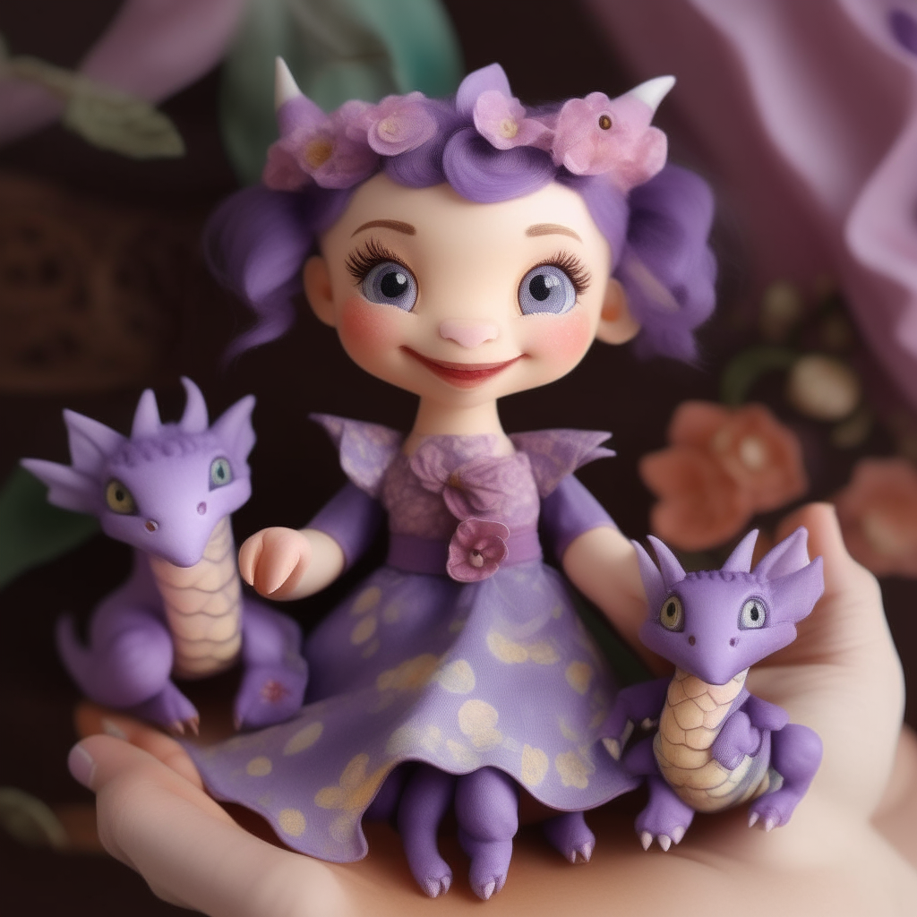 A smiling doll in a floral dress gently cradles two tiny purple dragons in her outstretched hands, their wings fluttering as they peer over her fingers