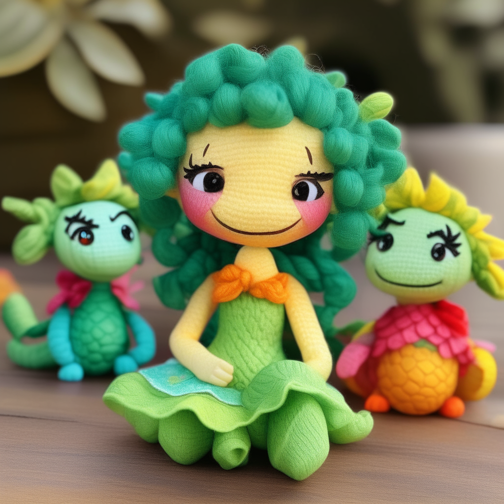 A cheerful doll giggles as three mini green dragons nestle into her yarn hair and colorful skirt, peeking out happily from her colorful outfit
