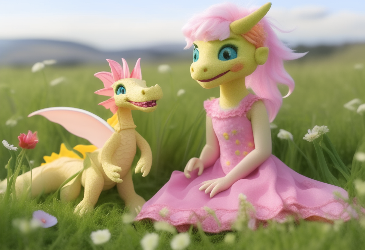 A smiling doll wearing a pink dress sits holding a small green dragon with translucent wings on a grassy meadow on a sunny day. The doll and dragon are smiling at each other, surrounded by colorful wildflowers.