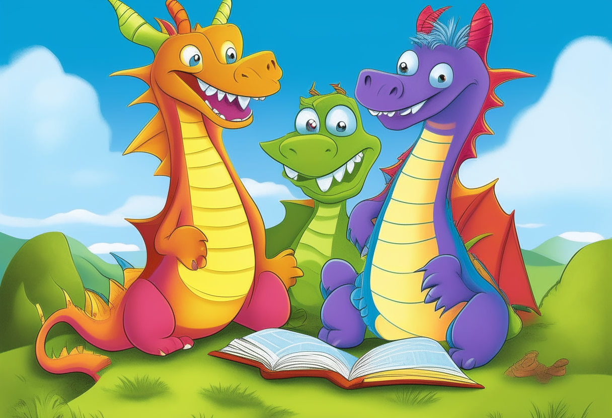 Three colorful cartoon dragoncitos sitting around an open book, reading together on a grassy hill under a sunny sky.