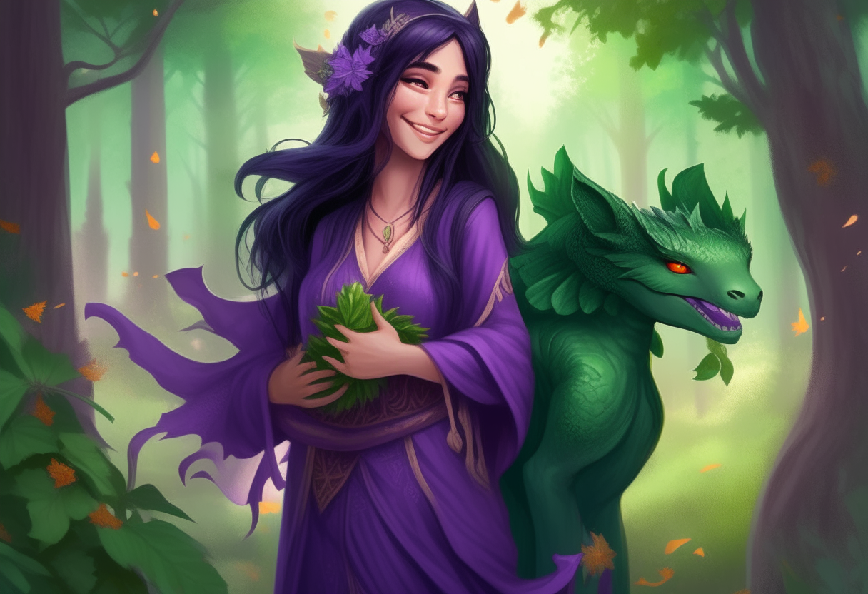 A beautiful witch with long black hair and a purple dress, carrying two smiling green dragoncitos in her arms on a sunny forest path