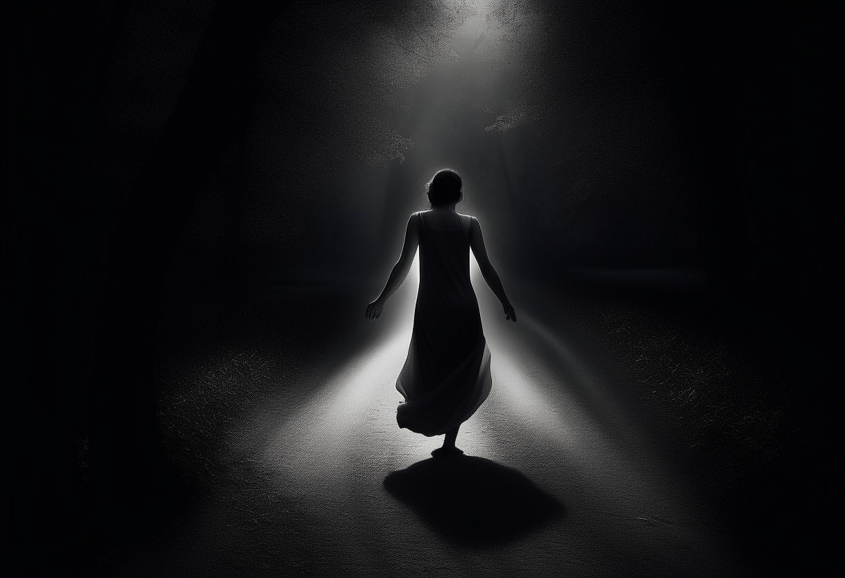  "A solitary figure moving gracefully along a dark path, symbolizing true greatness emerging from dancing with the unknown, without fear of stumbling."