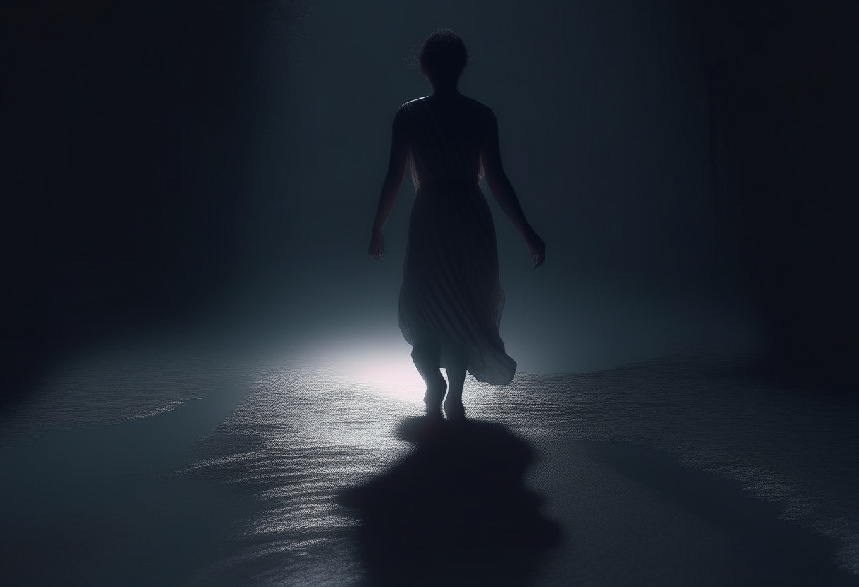  "A solitary figure moving gracefully along a dark path, symbolizing true greatness emerging from dancing with the unknown, without fear of stumbling."4k cinematique