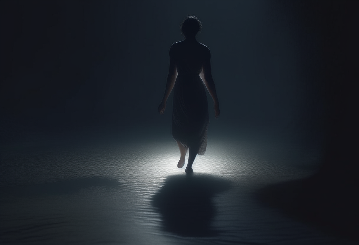  "A solitary figure moving gracefully along a dark path, symbolizing true greatness emerging from dancing with the unknown, without fear of stumbling."4k cinematique