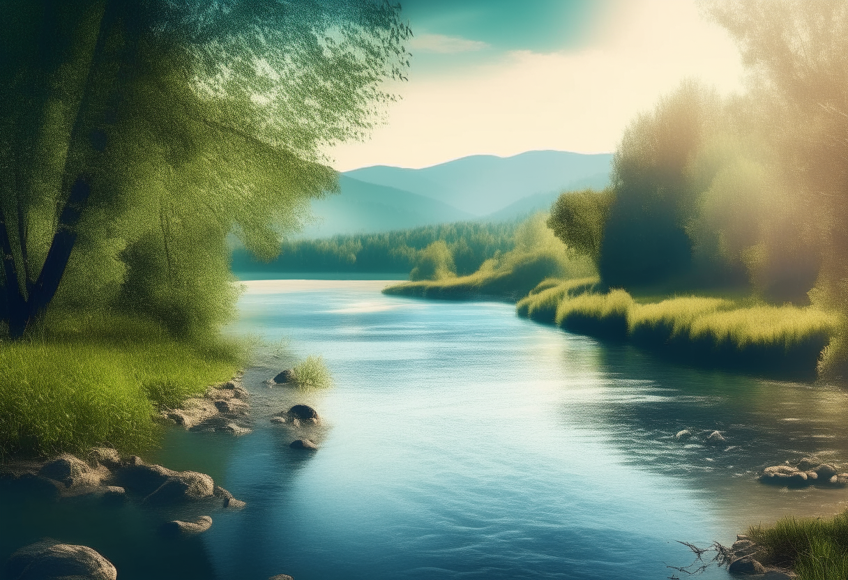 Create an image of nature with a river in the background
