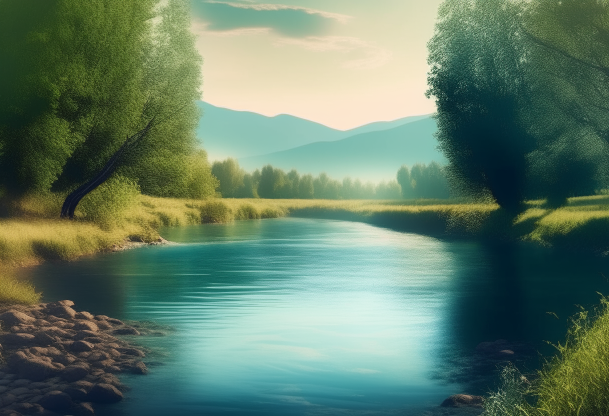Create an image of nature with a river in the background