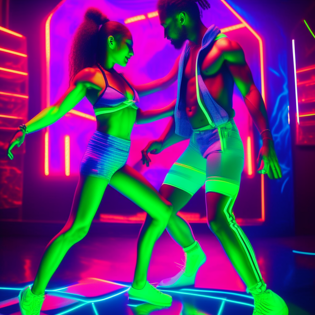 A beautiful young man and woman dance together under colorful neon lights. The man wears glowing neon green pants that blend into electric blue sneakers, and his bare chest is painted with neon orange and pink stripes. The woman wears a holographic silver bikini top and low-rise neon purple leggings that shine like liquid against her smooth dark skin. Strings of neon pink and blue lights float around their entwined bodies as they lose themselves in the music, the woman's long black hair flowing behind her. Vibrant colors wash over their joyous faces and the luxury black marble floor beneath their feet.