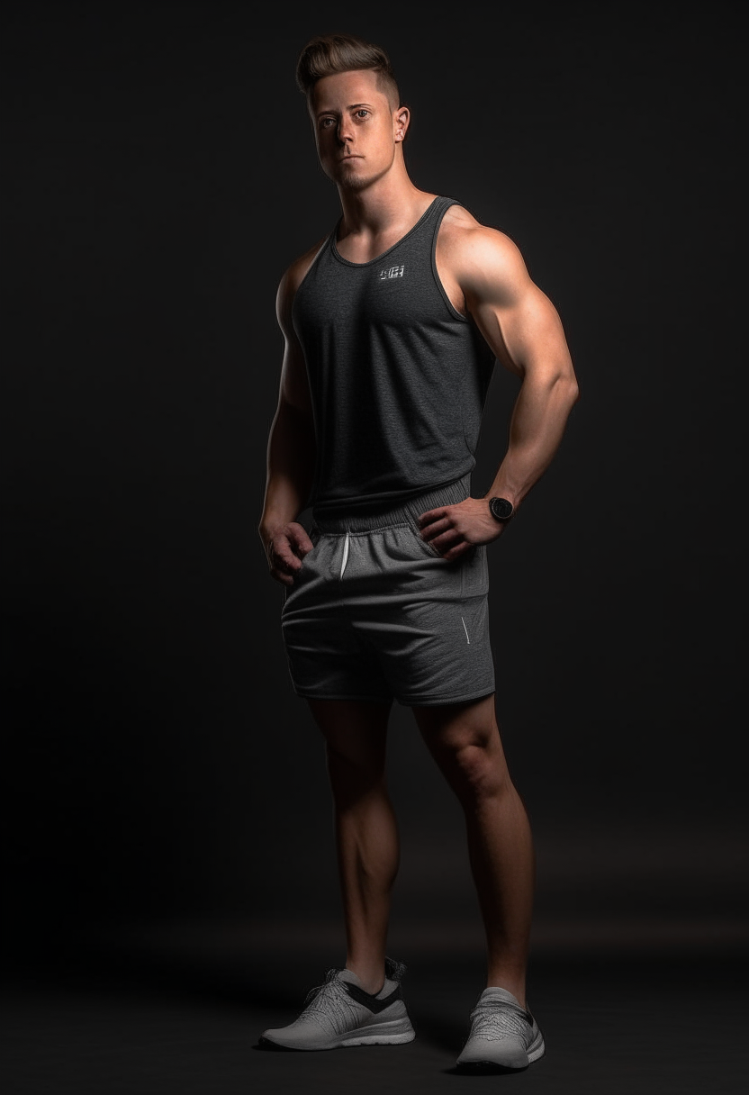 Ethan Hardy posing in a sleeveless shirt and shorts to advertise new sports clothing. He stands confidently to show off his athletic physique.