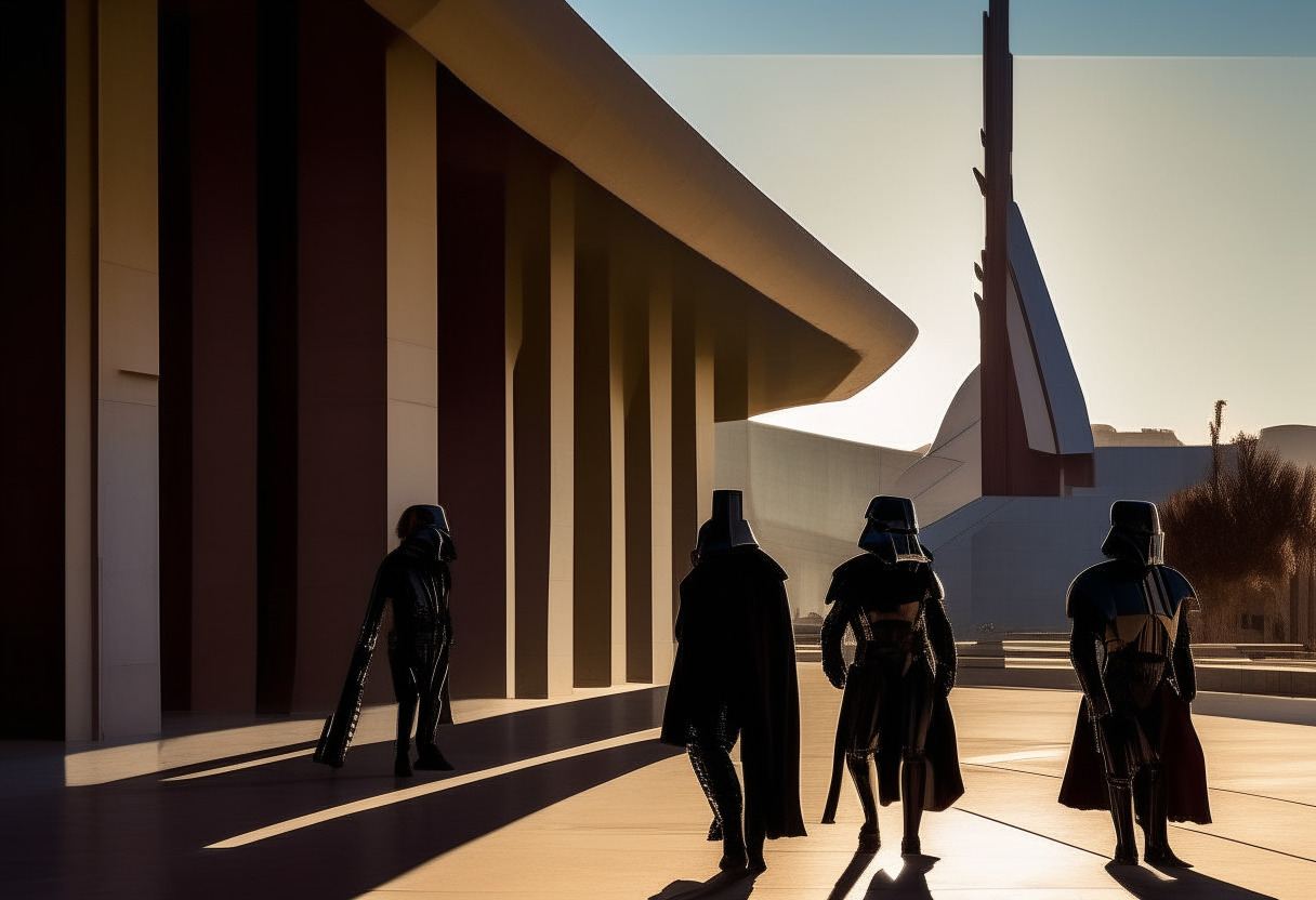 Darth Vader and other Star Wars villains such as Emperor Palpatine, General Grievous and Boba Fett walking through the futuristic architecture of the City of Arts and Sciences in Valencia, Spain. The villains cast long shadows in the late afternoon sun.