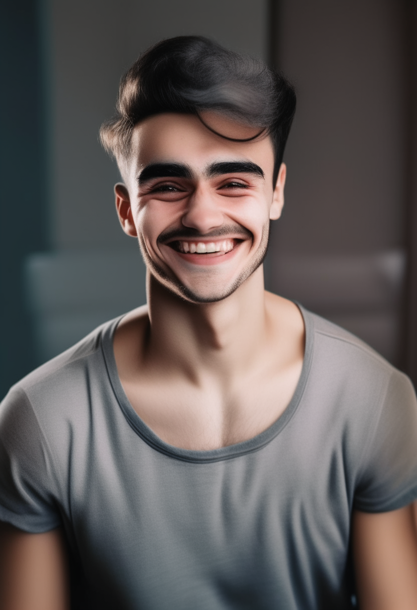 the man has wider eyebrows and is smiling