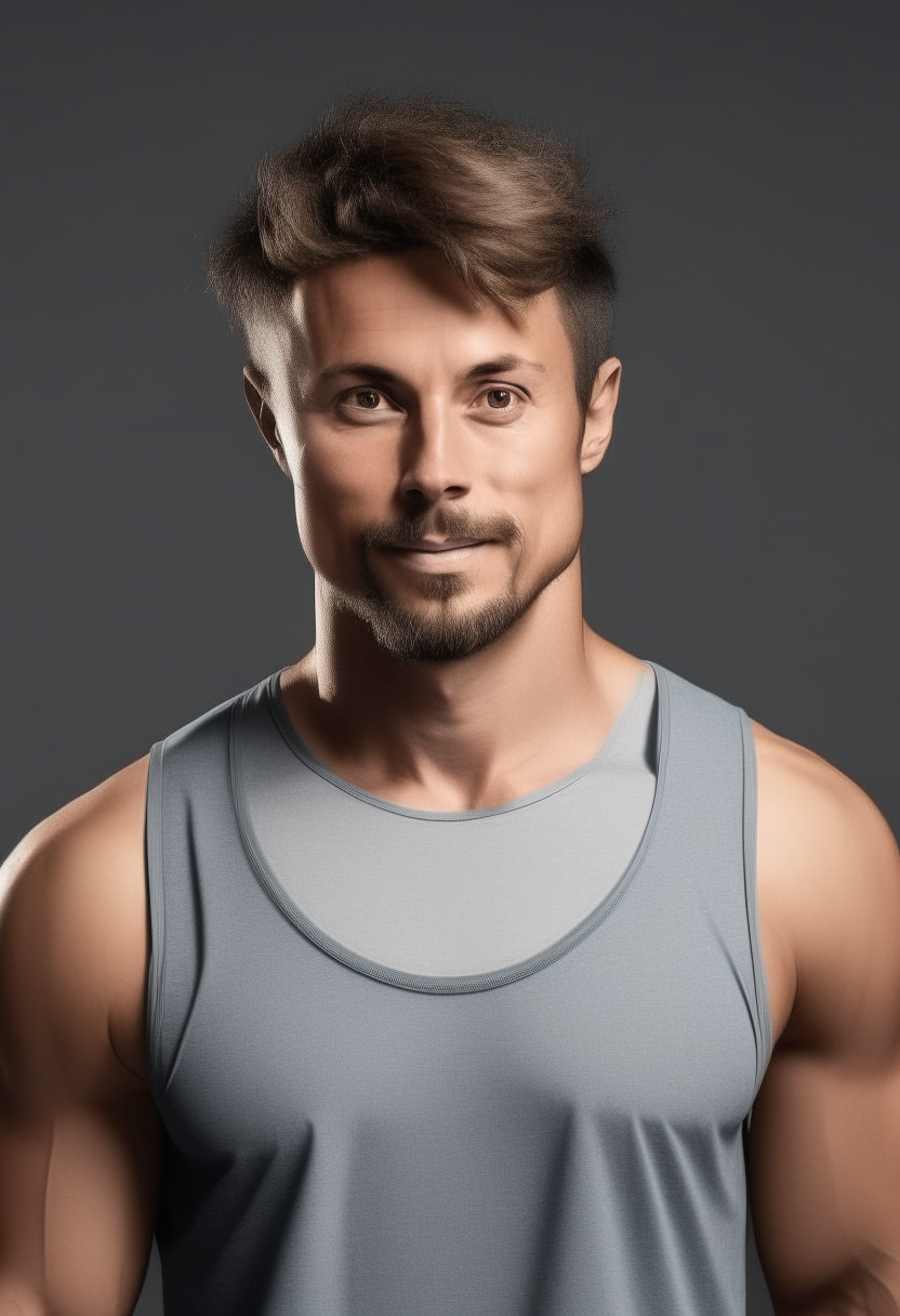 full body image of the man, showing his athletic build in sleeveless shirt and shorts